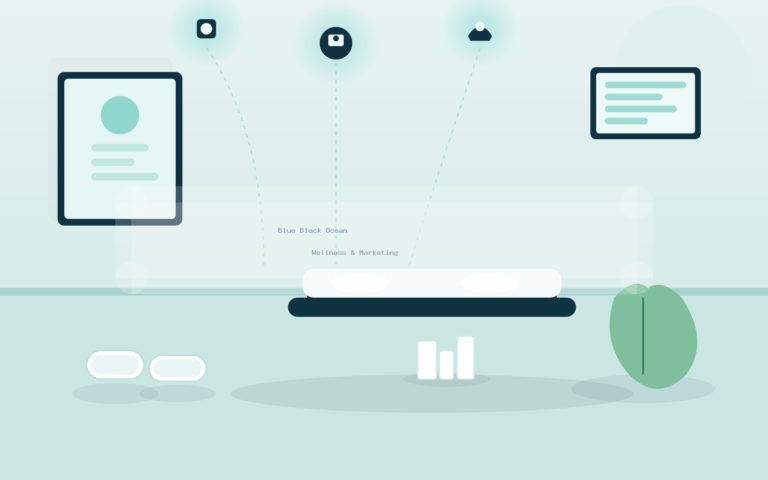 A calm spa room with a massage table, rolled towels, and plants, with separate glowing marketing channel icons floating unconnected above devices around the room